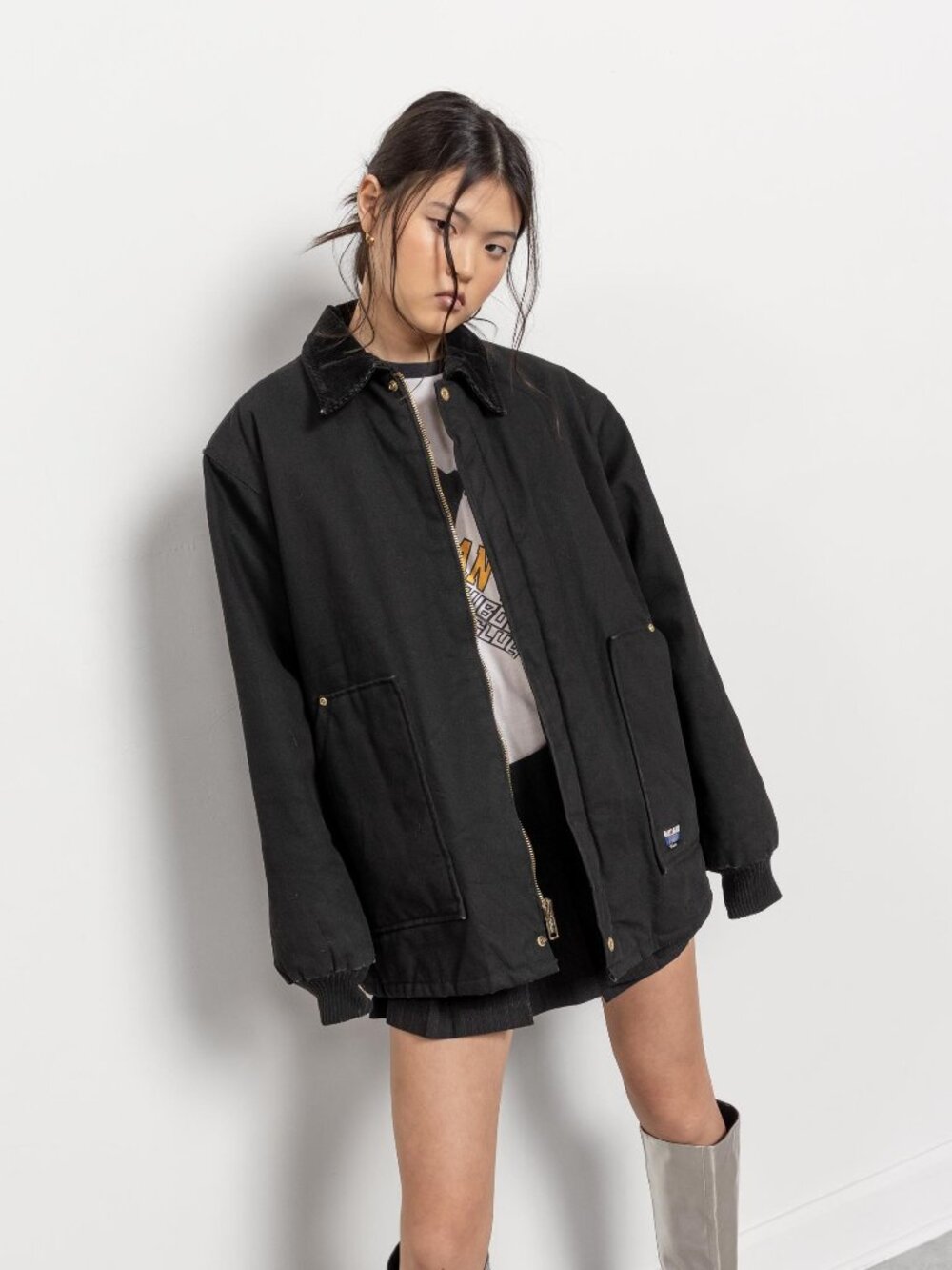Vintage Black Canvas Quilted Cotton Utility Jacket, Large